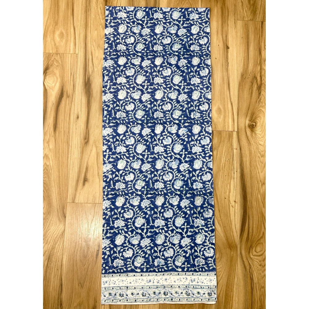Pottery Barn Table Runner Blue White Floral Block Print Cotton Coastal Cottage